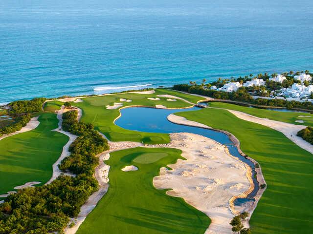Aerial view of the 1st, 2nd and 10th greens from International Course at Aurora Anguilla Resort & Golf Club.