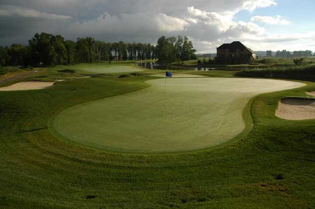 A view of a hole protected by bunkers at Grey Hawk Golf Club