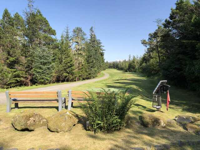A view of a tee at Muskeg Meadows Golf Course.