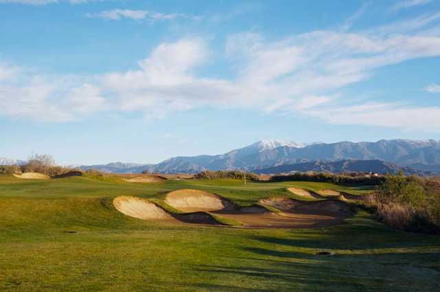 A view of the heavily bunkered 9th hole at Legends Course from Morongo Golf Club at Tukwet Canyon