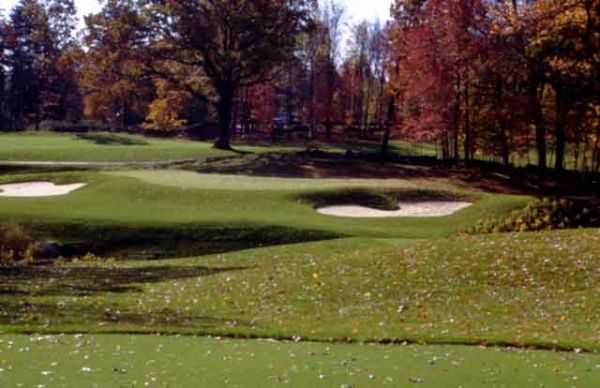 A view of hole #14 protected by bunkers at Hudson Hills Golf Course