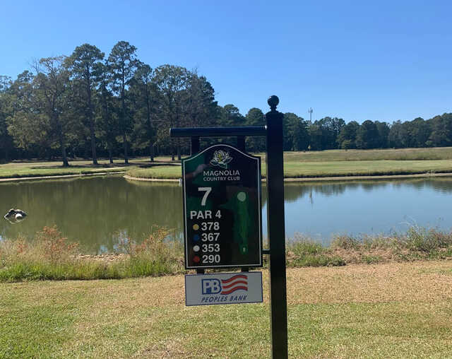 A view from tee #7 sign at Magnolia Country Club.