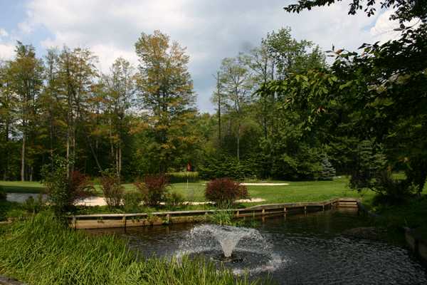 A view of green with water fountain in foreground at Roscoe Mountain Club