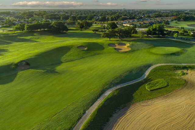 Aerial view of the 1st fairway and green from Mystic Dunes Golf Club.
