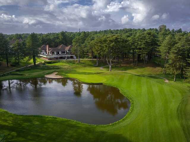 Aerial view of a green from The Dunes Course at Hardelot Golf Club.