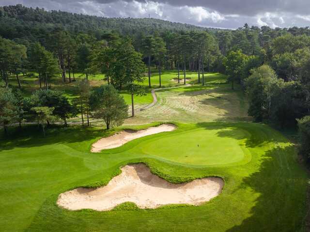 Aerial view of a green from The Dunes Course at Hardelot Golf Club.