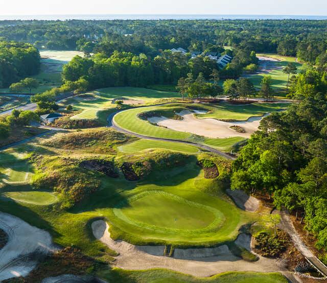 Aerial view of a green from True Blue Golf Club