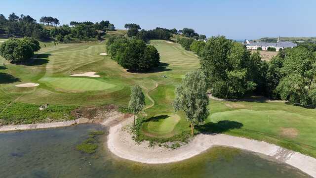 Aerial view of the 5th green from De Gaulle Course at Omaha Beach Memorial Golf Club.