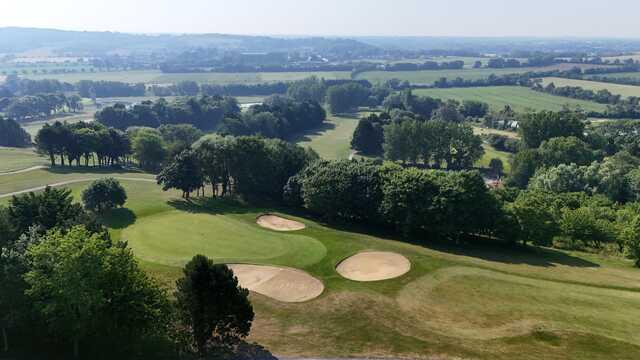 Aerial view of the 18th green from De Gaulle Course at Omaha Beach Memorial Golf Club.