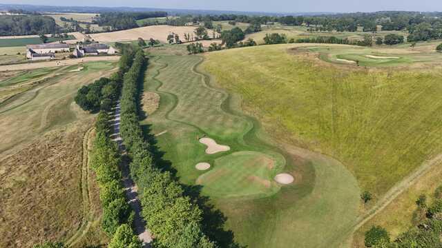 Aerial view of the 16th green from De Gaulle Course at Omaha Beach Memorial Golf Club.
