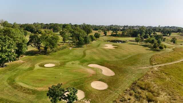 Aerial view of the 13th green from De Gaulle Course at Omaha Beach Memorial Golf Club.