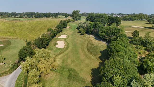 Aerial view of the 16th green from Eisenhower Course at Omaha Beach Memorial Golf Club.