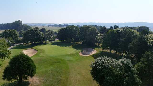 Aerial view of the 18th green from Patton Course at Omaha Beach Memorial Golf Club.
