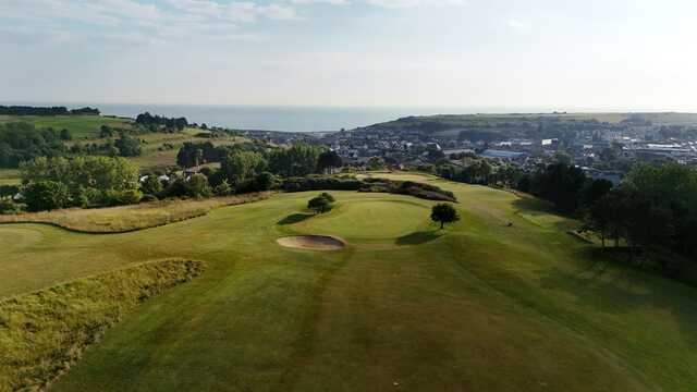 Aerial view of the 1st green from Patton Course at Omaha Beach Memorial Golf Club.