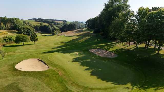 Aerial view of the 9th green from Patton Course at Omaha Beach Memorial Golf Club.