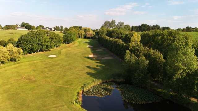 Aerial view of the 4th green from Patton Course at Omaha Beach Memorial Golf Club.