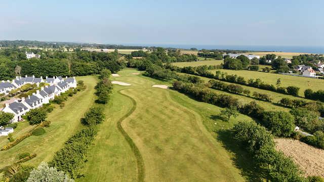 Aerial view of the 11th green from Patton Course at Omaha Beach Memorial Golf Club.