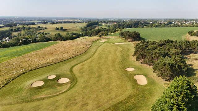 Aerial view of the 7th green from Patton Course at Omaha Beach Memorial Golf Club.