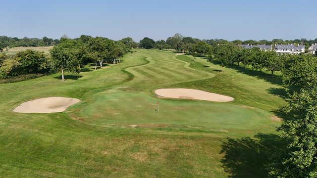 Aerial view of the 17th green from Patton Course at Omaha Beach Memorial Golf Club.