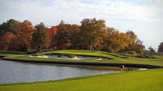 A fall day view of a green at Madison Country Club.