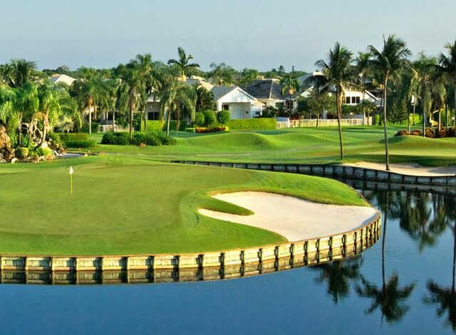 A view of a hole surrounded by water at Polo Club.