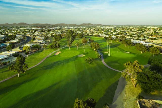 Aerial view of the 6th and 8th greens from Palmbrook Golf Club.