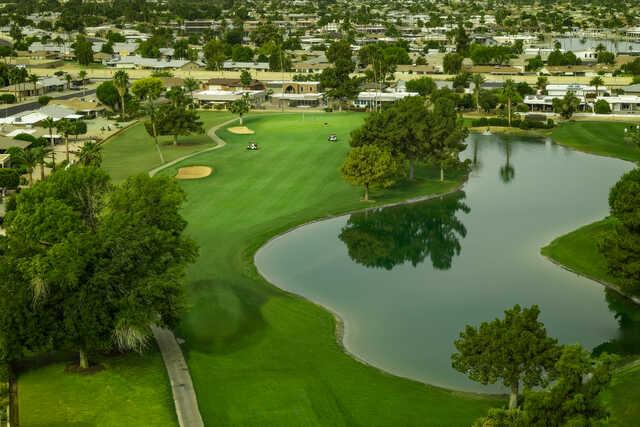 Aerial view of the 14th green from Palmbrook Golf Club.
