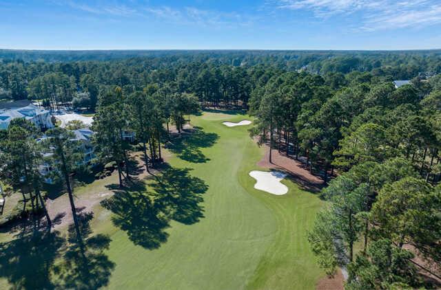 Aerial view of the 9th fairway and green from Magnolia Course at Brunswick Golf Club.