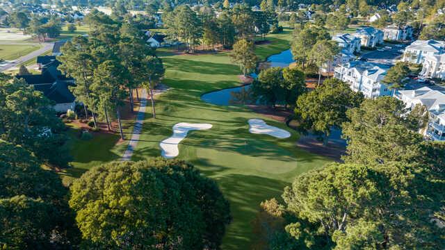 Aerial view of the 8th fairway and green from Magnolia Course at Brunswick Golf Club.