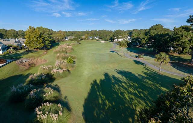 Aerial view of the 7th fairway and green from Magnolia Course at Brunswick Golf Club.