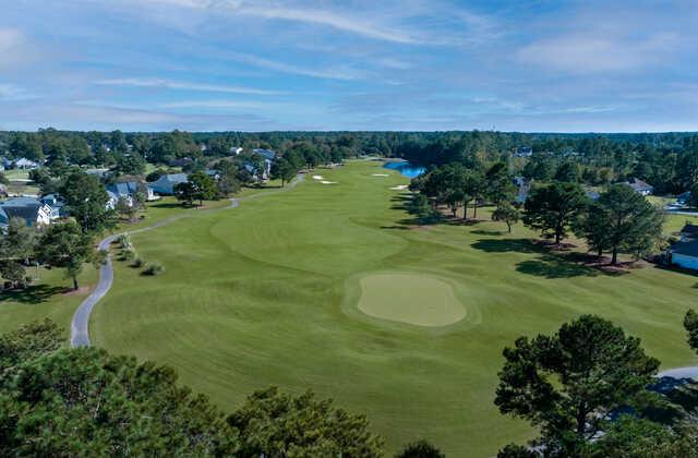 Aerial view of the 6th fairway and green from Magnolia Course at Brunswick Golf Club.