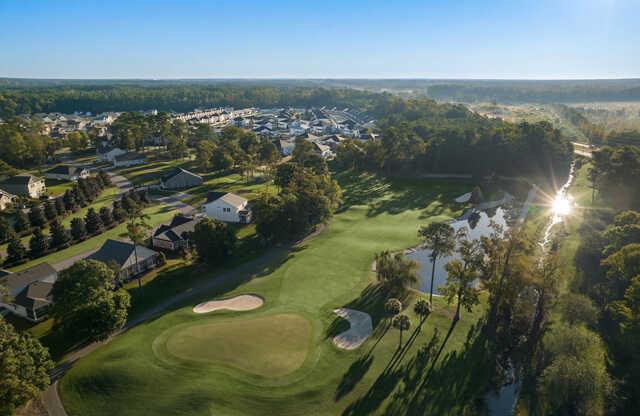 Aerial view of the 5th fairway and green from Magnolia Course at Brunswick Golf Club.