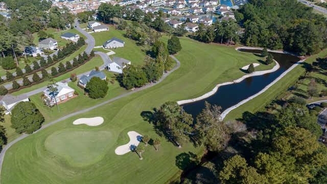 Aerial view of the 5th fairway and green from Magnolia Course at Brunswick Golf Club.