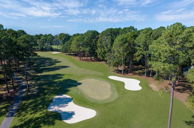 Aerial view of the 1st fairway and green from Magnolia Course at Brunswick Golf Club.