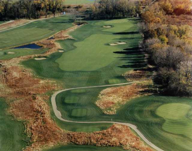 Aerial view of green and fairway #9 at Gateway National Golf Links