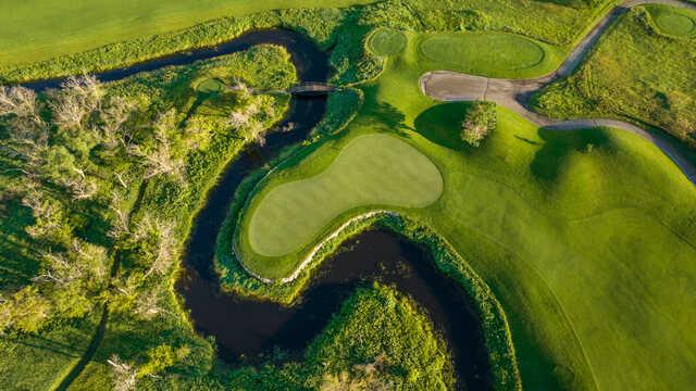 Aerial view of a green from Hawktree Golf Club.