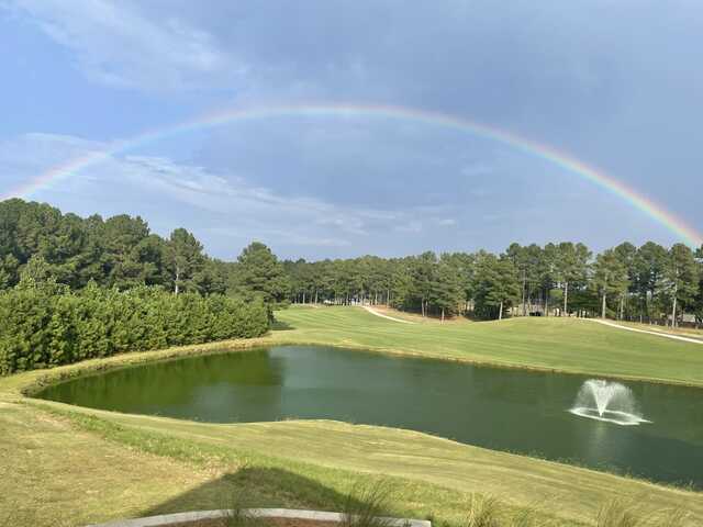 A view of the rainbow over a fairway at Bentwater Golf Club.