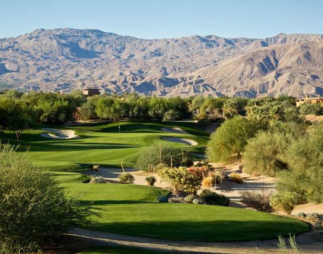 A view of green #5 at Mountain View Course from Desert Willow Golf Resort