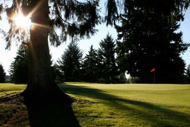 A sunny view of green #9 at Allenmore Golf Course