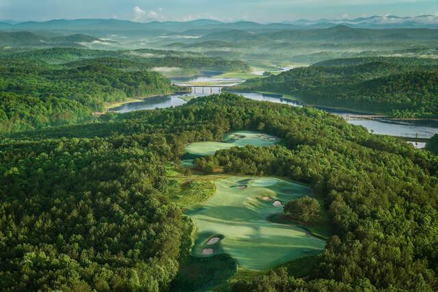Aerial view of the 13th fairway and green from Currahee Club.