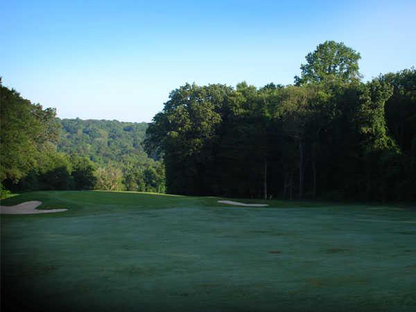 A view of the 6th green flanked by bunkers at Black from D. Fairchild Wheeler Golf Course