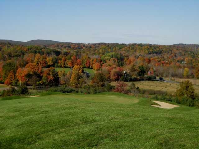 A fall view of green #11 at Lyman Orchards Golf Club - Jones Course