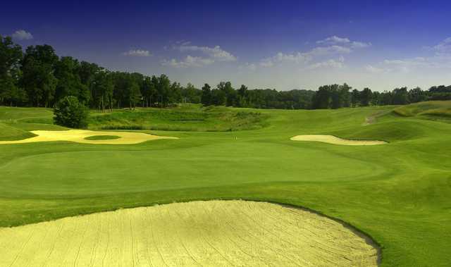 A view of green #11 protected by bunkers at Legacy Golf Course.