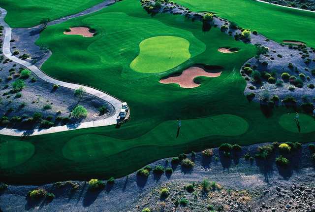 Aerial view of green #16 and tee #17 at Superstition Mountain Club - Prospector Course