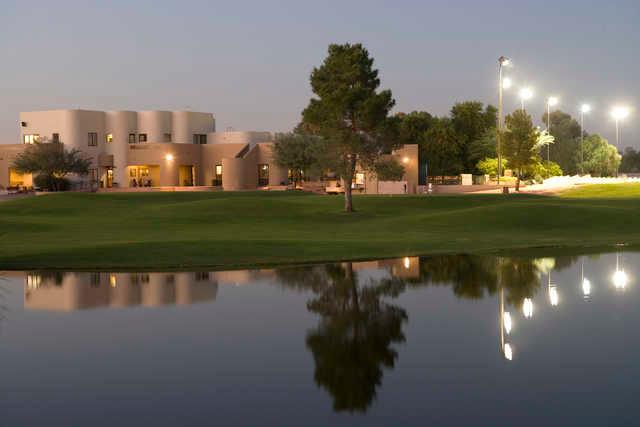 An evening view of the clubhouse at Western Skies Golf Club