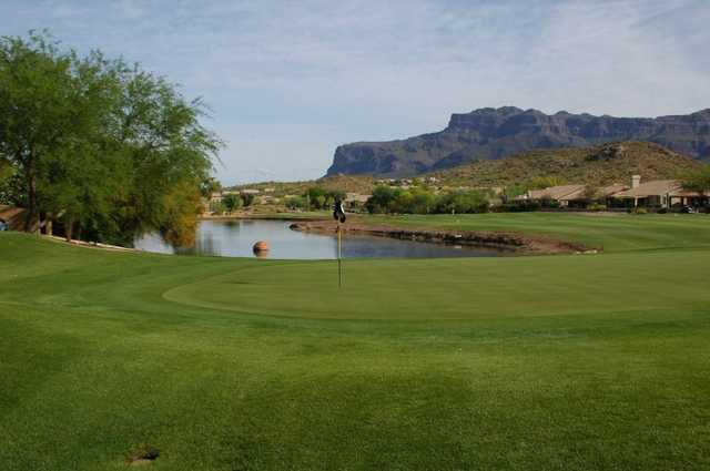 A view of the 15t green with water coming into play at Gold Canyon Golf Resort - Sidewinder Course