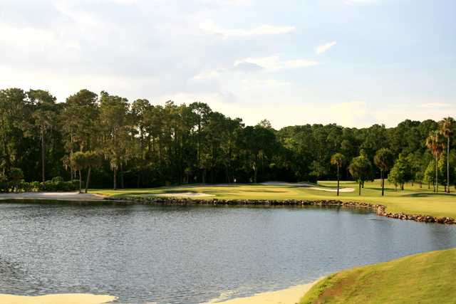 The par-3 16th hole on the Palm golf course at Disney World offers a pretty shot over water from an elevated tee.
