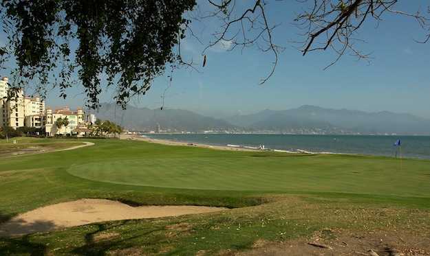 A view of a green with water coming into play at Nicklaus Course from Vista Vallarta Golf Club