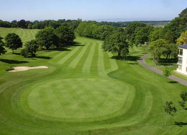 Aerial view of the 18th green and fairway at Roe Park Golf Club