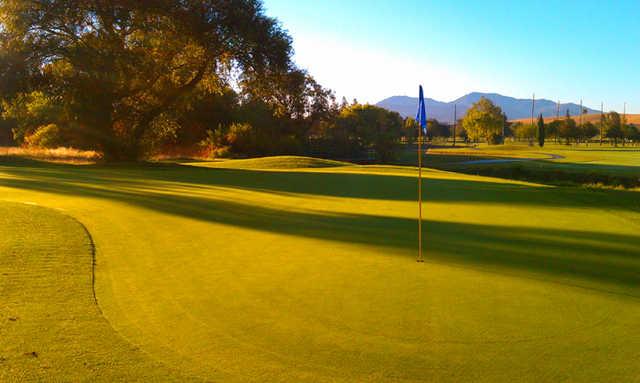 A sunny view of green with cart path in background (courtesy of Diablo Creek Golf Course)